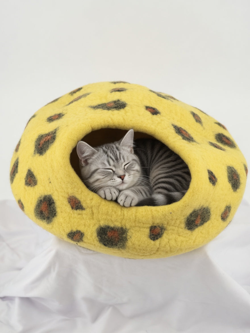 Yellow Leopard Print Felt Cat Cave